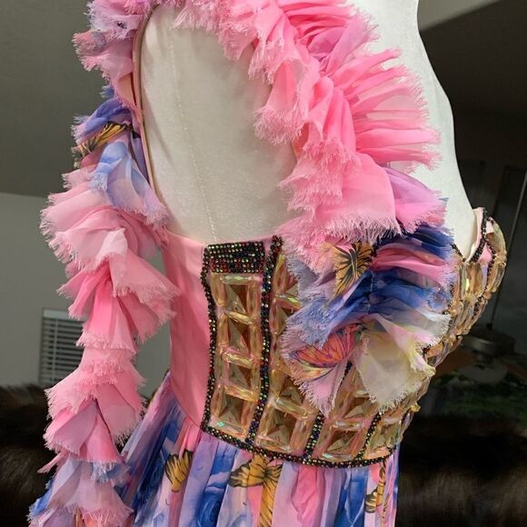 New One-Shoulder Floral Print Chiffon Gown With Beads - Picture 11 of 15